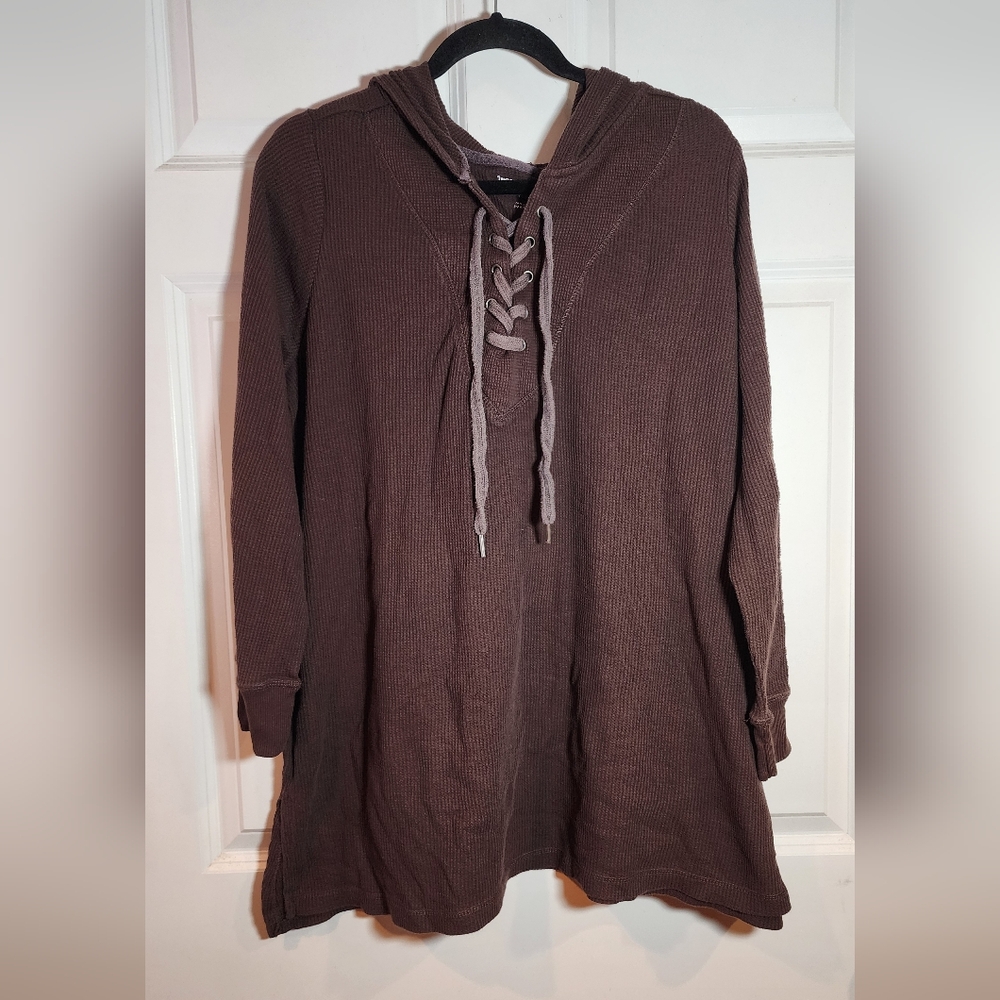 Woman Within Brown Waffle Knit Hooded Sweater with Lace-Up Detail 1X (22/24) - Picture 1 of 4